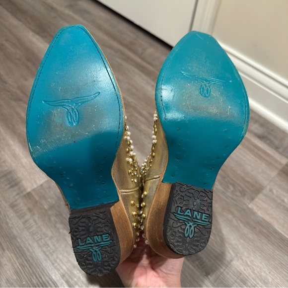 Lane Dolly Pearl Stud Jeweled Cowboy Western Metallic Gold Leather Bootie Boots - Picture 14 of 14